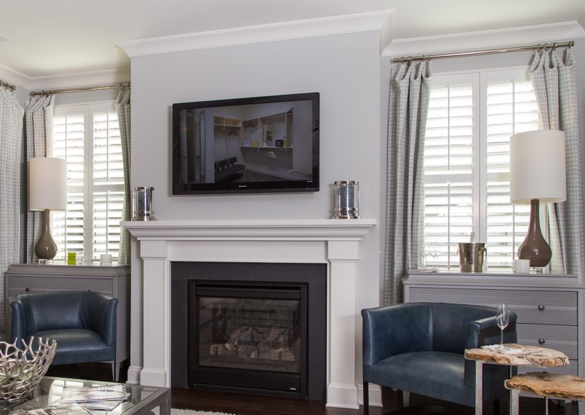 living room St. George faux wood shutters